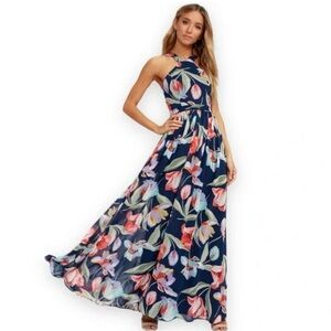 Lulu’s Luija Navy Floral Halter gown